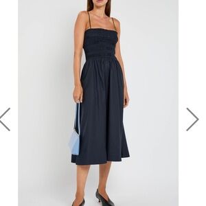 new Reformation Kerrie smocked cotton sundress midi in midnight navy blue